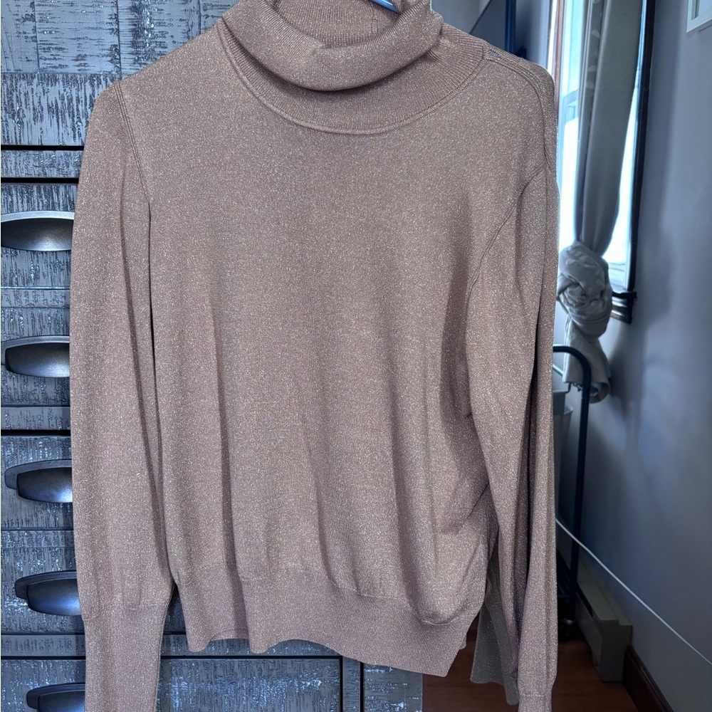 Express Women's Cowl Neck Sweater in Tan/gold sparkle.